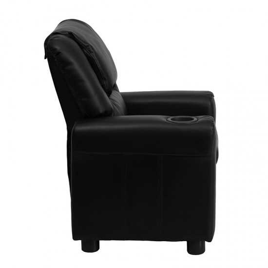 Contemporary Black LeatherSoft Kids Recliner with Cup Holder and Headrest