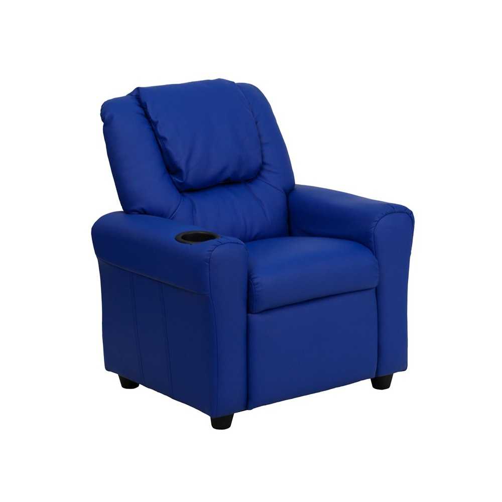 Contemporary Blue Vinyl Kids Recliner with Cup Holder and Headrest