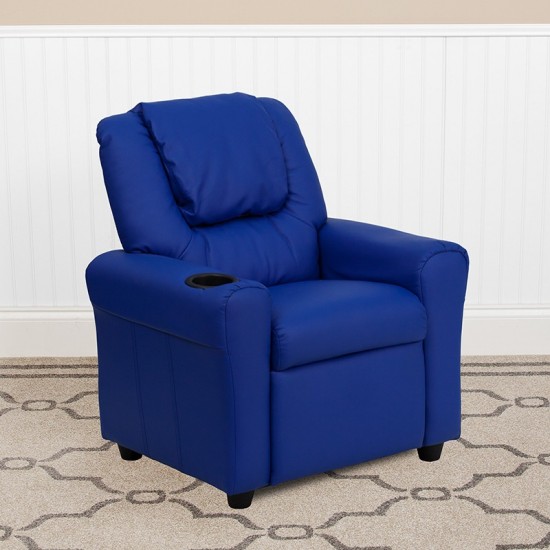 Contemporary Blue Vinyl Kids Recliner with Cup Holder and Headrest