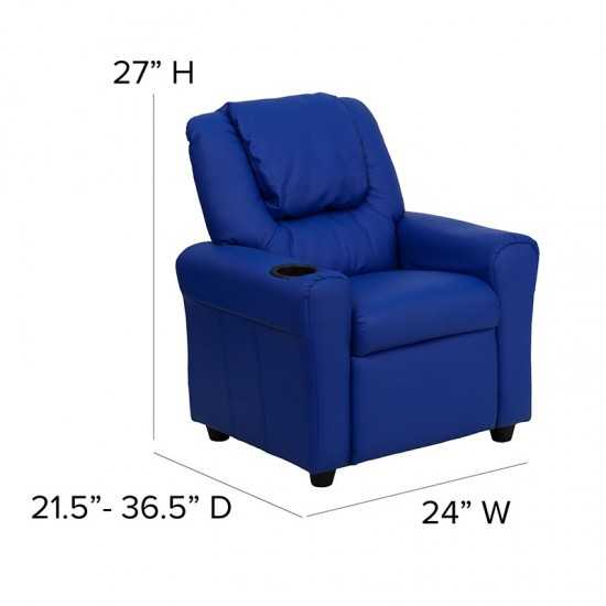 Contemporary Blue Vinyl Kids Recliner with Cup Holder and Headrest