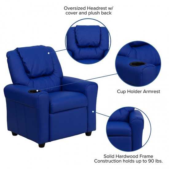 Contemporary Blue Vinyl Kids Recliner with Cup Holder and Headrest