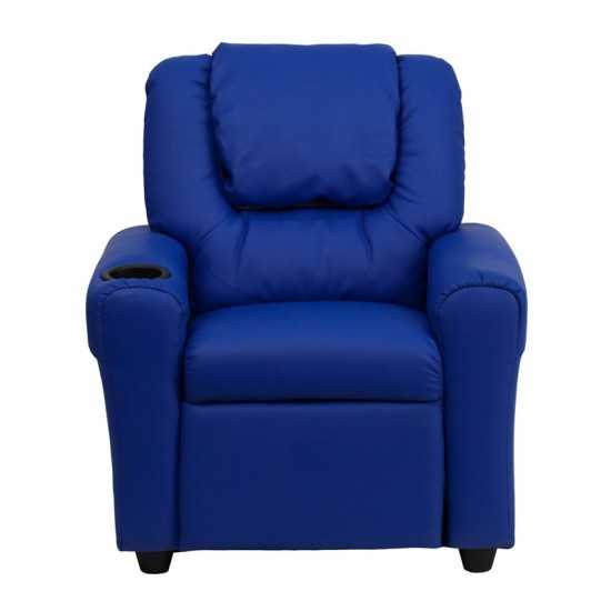 Contemporary Blue Vinyl Kids Recliner with Cup Holder and Headrest