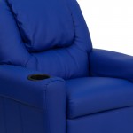 Contemporary Blue Vinyl Kids Recliner with Cup Holder and Headrest