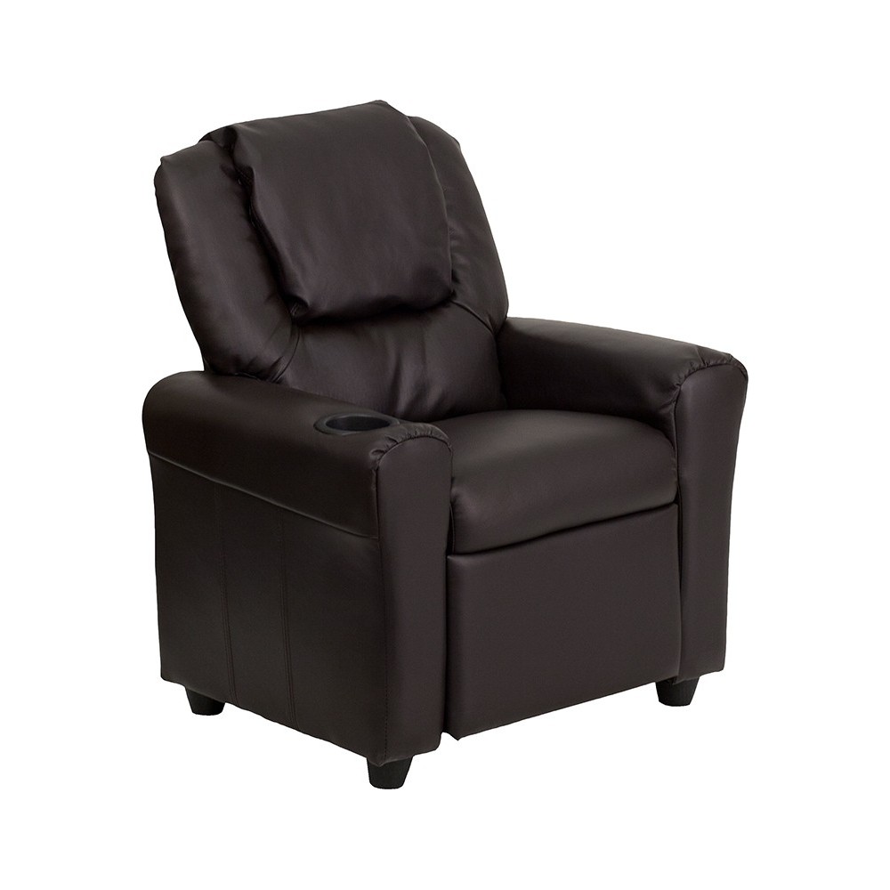 Contemporary Brown LeatherSoft Kids Recliner with Cup Holder and Headrest Contemporary Brown LeatherSoft Kids Recliner with Cup Holder and Headrest