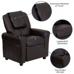 Contemporary Brown LeatherSoft Kids Recliner with Cup Holder and Headrest