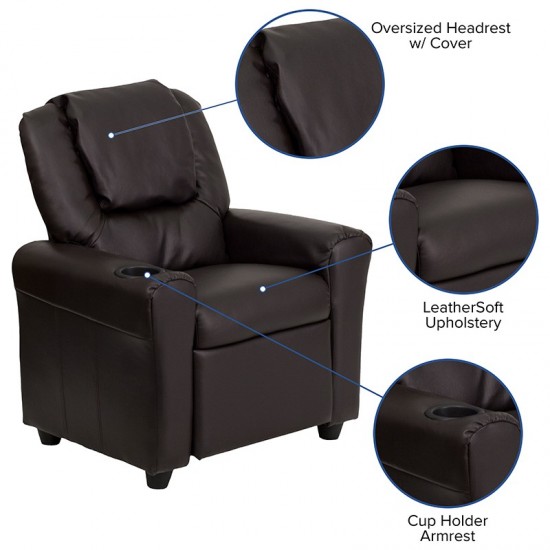 Contemporary Brown LeatherSoft Kids Recliner with Cup Holder and Headrest