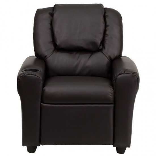 Contemporary Brown LeatherSoft Kids Recliner with Cup Holder and Headrest