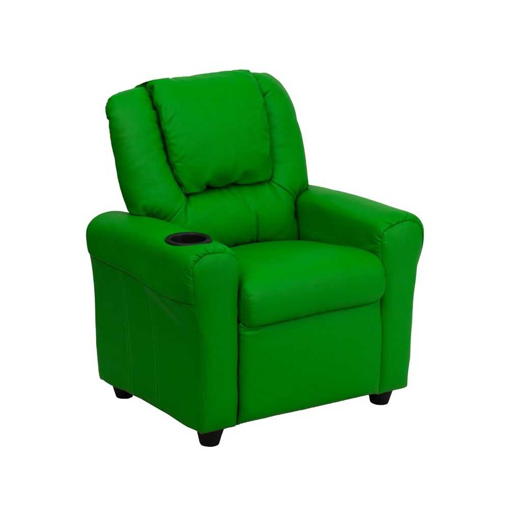 Contemporary Green Vinyl Kids Recliner with Cup Holder and Headrest