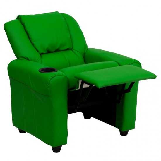 Contemporary Green Vinyl Kids Recliner with Cup Holder and Headrest