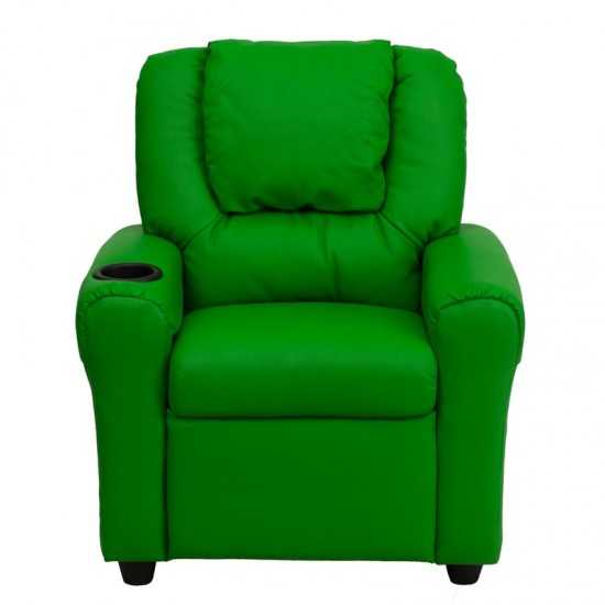 Contemporary Green Vinyl Kids Recliner with Cup Holder and Headrest