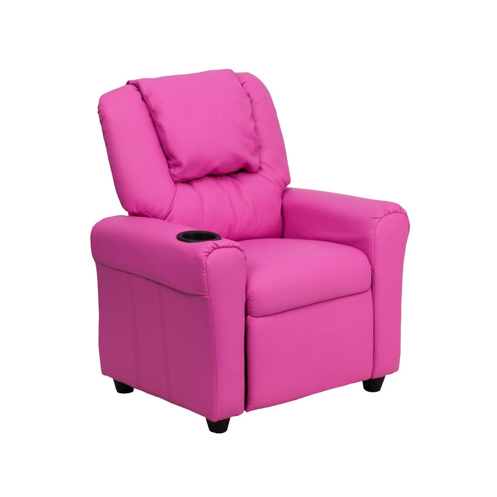 Contemporary Hot Pink Vinyl Kids Recliner with Cup Holder and Headrest