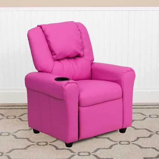 Contemporary Hot Pink Vinyl Kids Recliner with Cup Holder and Headrest