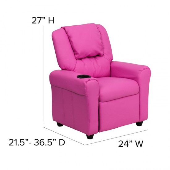 Contemporary Hot Pink Vinyl Kids Recliner with Cup Holder and Headrest