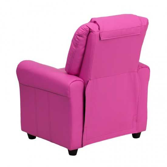 Contemporary Hot Pink Vinyl Kids Recliner with Cup Holder and Headrest