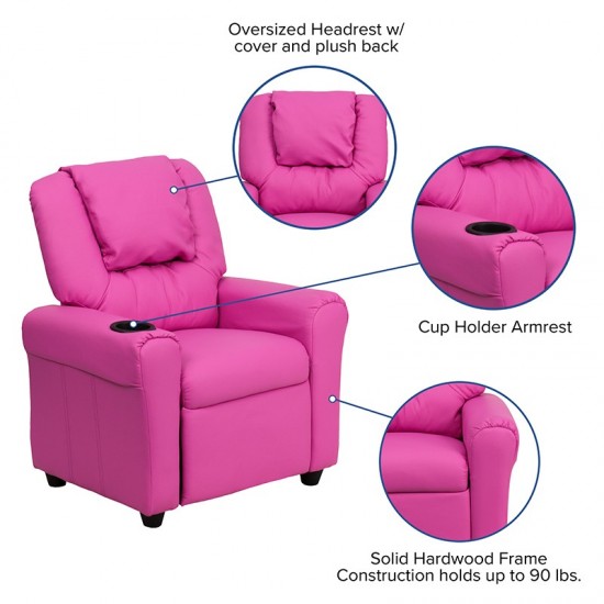 Contemporary Hot Pink Vinyl Kids Recliner with Cup Holder and Headrest