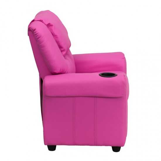 Contemporary Hot Pink Vinyl Kids Recliner with Cup Holder and Headrest