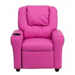 Contemporary Hot Pink Vinyl Kids Recliner with Cup Holder and Headrest