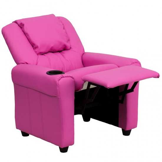 Contemporary Hot Pink Vinyl Kids Recliner with Cup Holder and Headrest