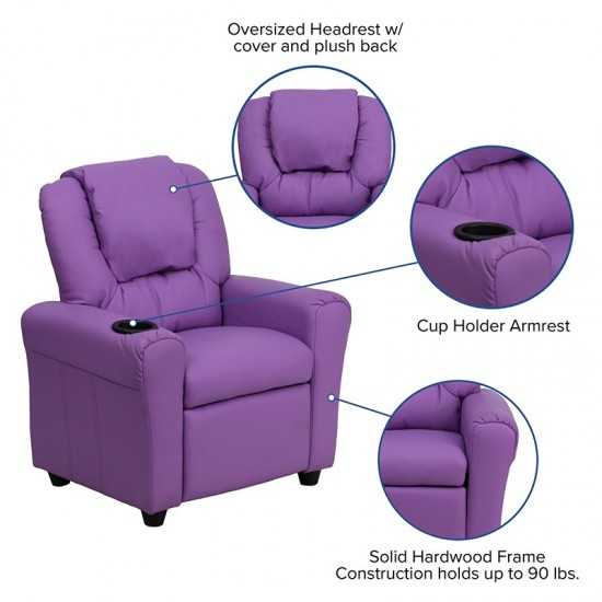 Contemporary Lavender Vinyl Kids Recliner with Cup Holder and Headrest