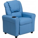 Contemporary Light Blue Vinyl Kids Recliner with Cup Holder and Headrest