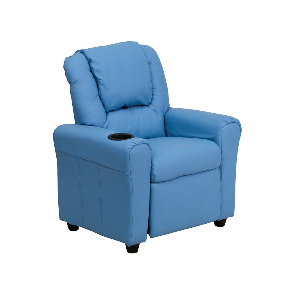 Contemporary Light Blue Vinyl Kids Recliner with Cup Holder and Headrest