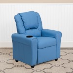 Contemporary Light Blue Vinyl Kids Recliner with Cup Holder and Headrest