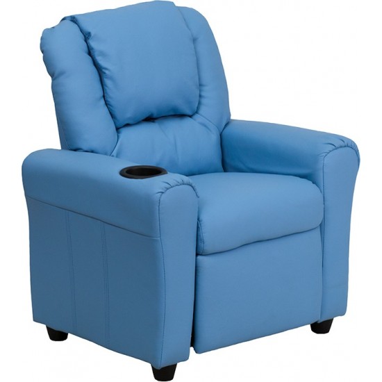 Contemporary Light Blue Vinyl Kids Recliner with Cup Holder and Headrest