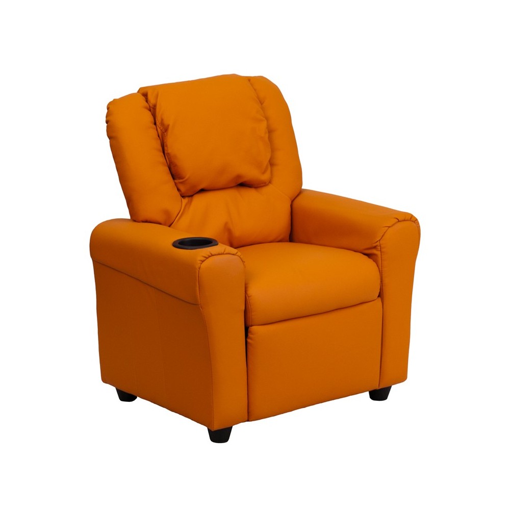 Contemporary Orange Vinyl Kids Recliner with Cup Holder and Headrest