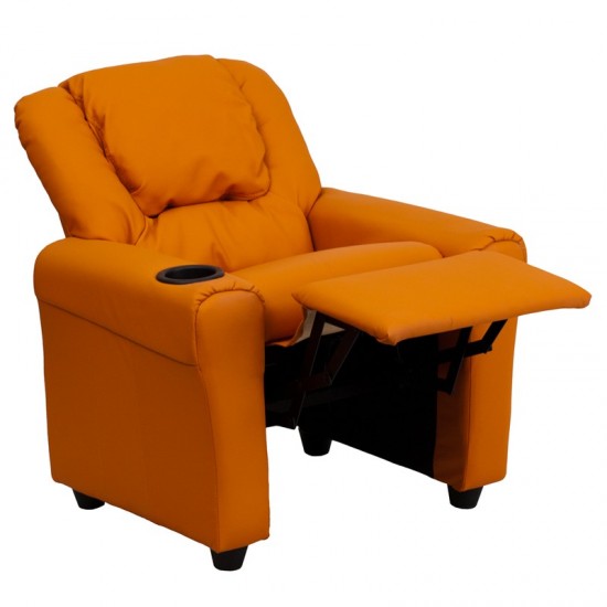 Contemporary Orange Vinyl Kids Recliner with Cup Holder and Headrest