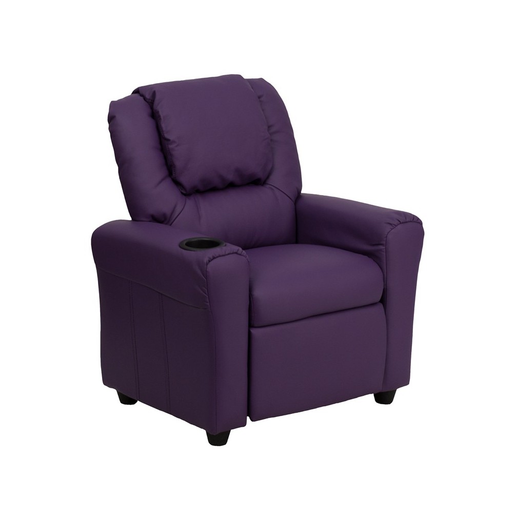 Contemporary Purple Vinyl Kids Recliner with Cup Holder and Headrest