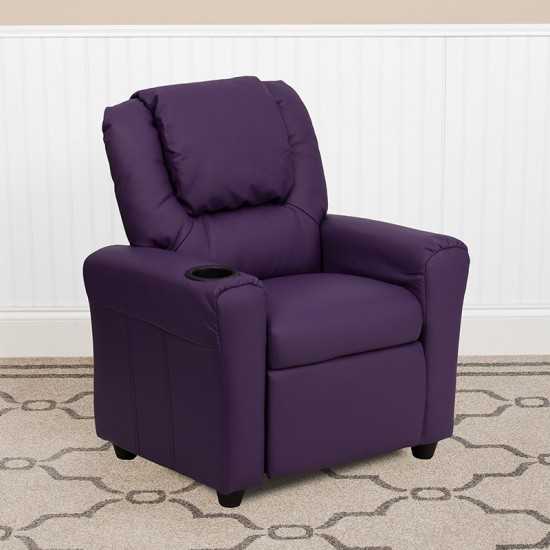 Contemporary Purple Vinyl Kids Recliner with Cup Holder and Headrest