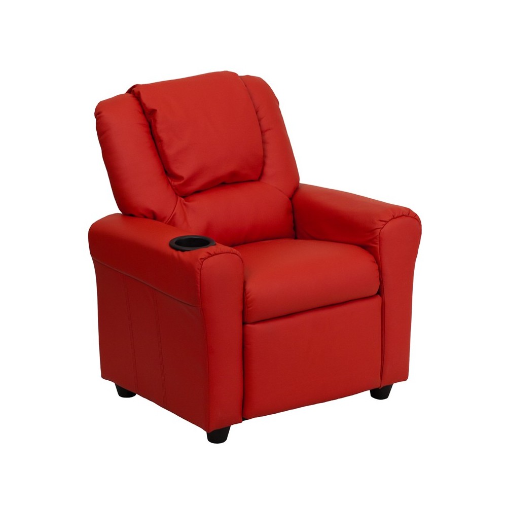 Contemporary Red Vinyl Kids Recliner with Cup Holder and Headrest