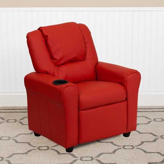 Contemporary Red Vinyl Kids Recliner with Cup Holder and Headrest