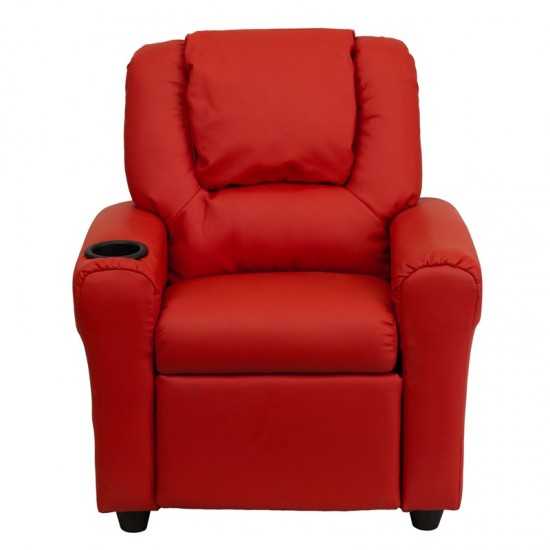 Contemporary Red Vinyl Kids Recliner with Cup Holder and Headrest