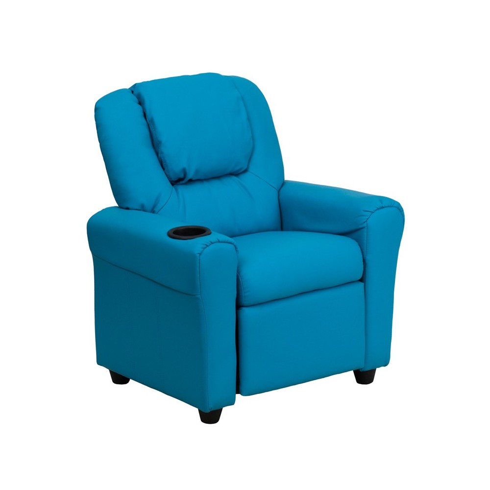 Contemporary Turquoise Vinyl Kids Recliner with Cup Holder and Headrest