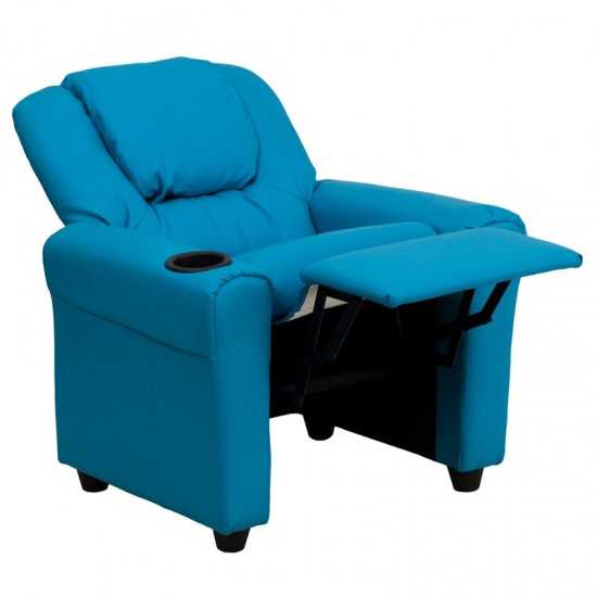 Contemporary Turquoise Vinyl Kids Recliner with Cup Holder and Headrest