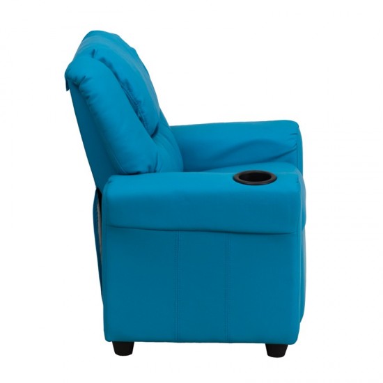 Contemporary Turquoise Vinyl Kids Recliner with Cup Holder and Headrest