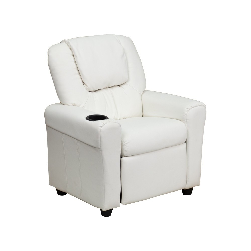 Contemporary White Vinyl Kids Recliner with Cup Holder and Headrest