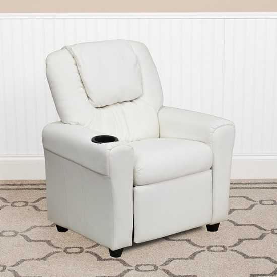 Contemporary White Vinyl Kids Recliner with Cup Holder and Headrest