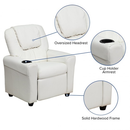 Contemporary White Vinyl Kids Recliner with Cup Holder and Headrest