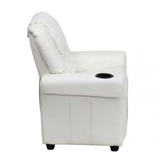 Contemporary White Vinyl Kids Recliner with Cup Holder and Headrest