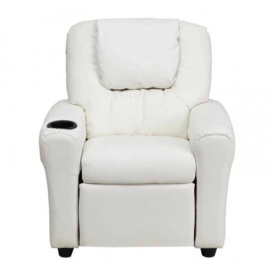 Contemporary White Vinyl Kids Recliner with Cup Holder and Headrest