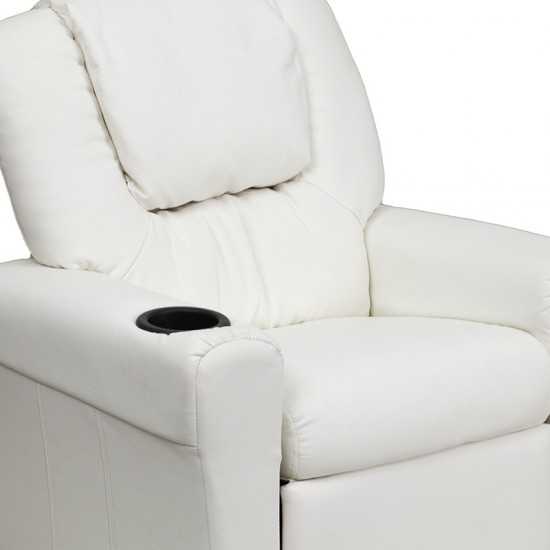 Contemporary White Vinyl Kids Recliner with Cup Holder and Headrest