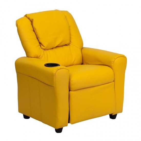 Contemporary Yellow Vinyl Kids Recliner with Cup Holder and Headrest