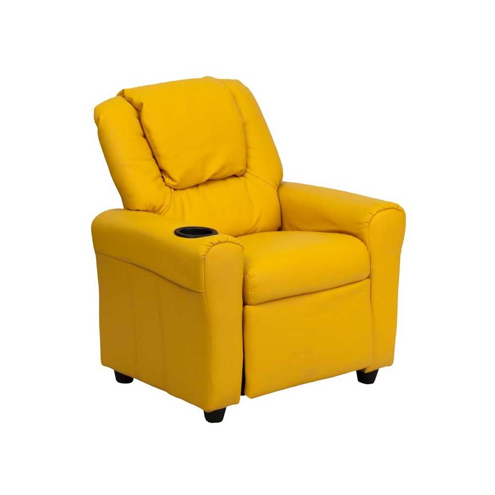 Contemporary Yellow Vinyl Kids Recliner with Cup Holder and Headrest