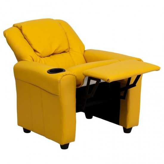 Contemporary Yellow Vinyl Kids Recliner with Cup Holder and Headrest