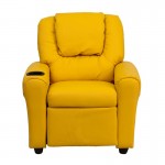 Contemporary Yellow Vinyl Kids Recliner with Cup Holder and Headrest