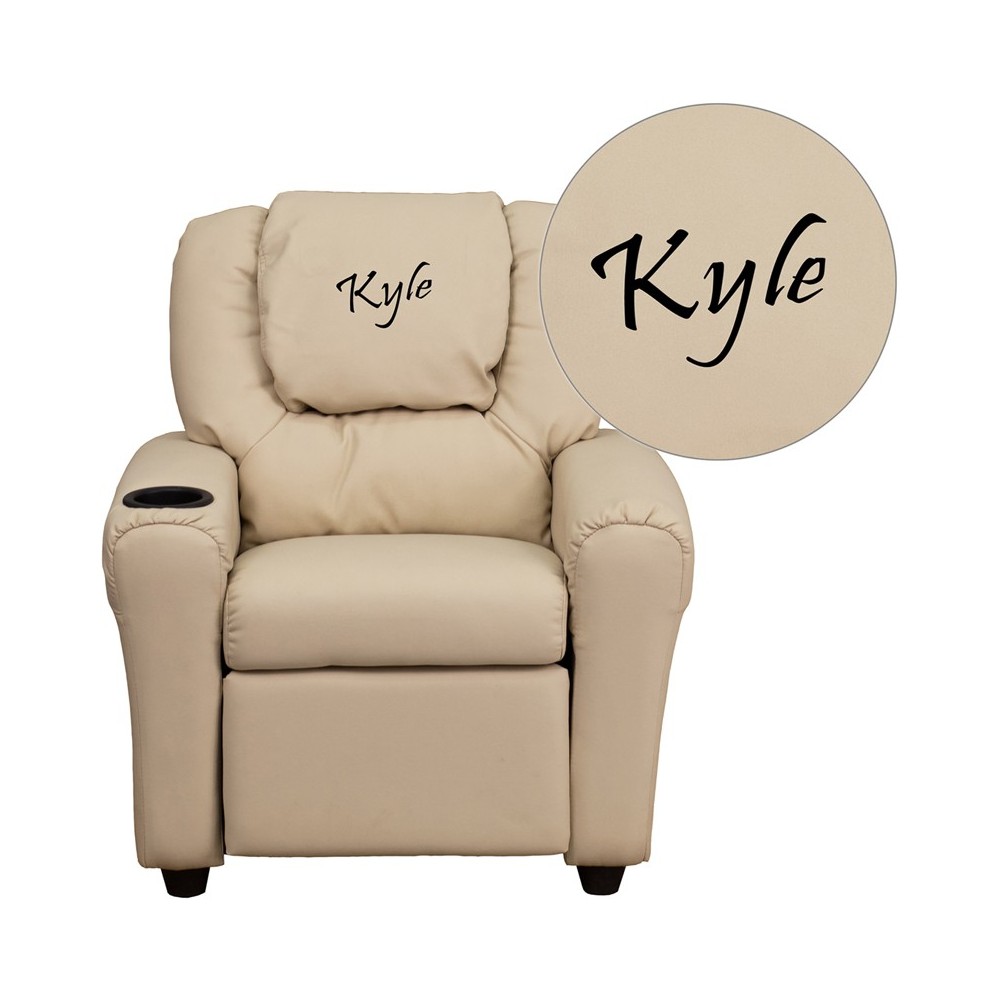 Personalized Beige Vinyl Kids Recliner with Cup Holder and Headrest