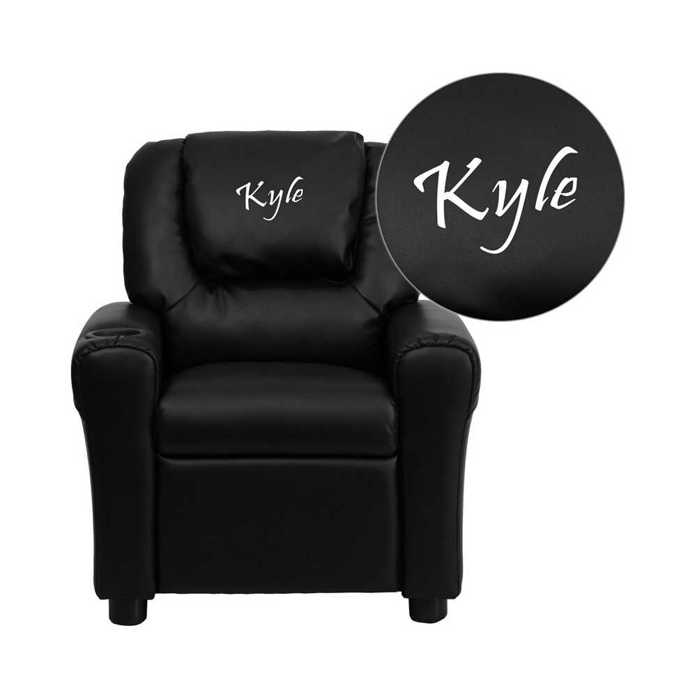 Personalized Black LeatherSoft Kids Recliner with Cup Holder and Headrest