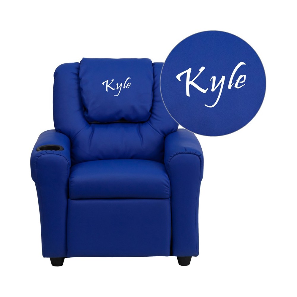 Personalized Blue Vinyl Kids Recliner with Cup Holder and Headrest